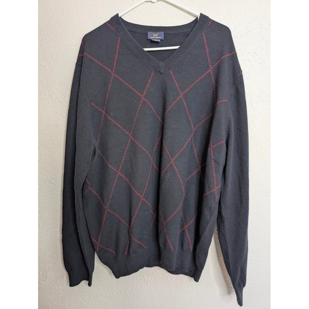 Brooks Brothers 346 Mens V-Neck Sweater XXL Black Red Argyle Grid 100% Wool Knit